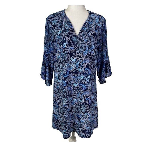 Roz & Ali Shift Dress Size XLP Petite Blue Paisley 3/4 Bell Sleeve Knee Length - Picture 1 of 12